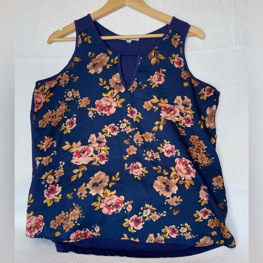 41 Hawthorn Size Large Navy Blue Sleeveless Blouse Floral Print Cutout - Picture 2 of 7